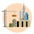 Graphic image of a crane and Auckland city. 