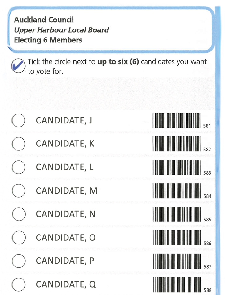 Official voting paper listing local board member candidates, with circles on the left to tick and select a candidate.