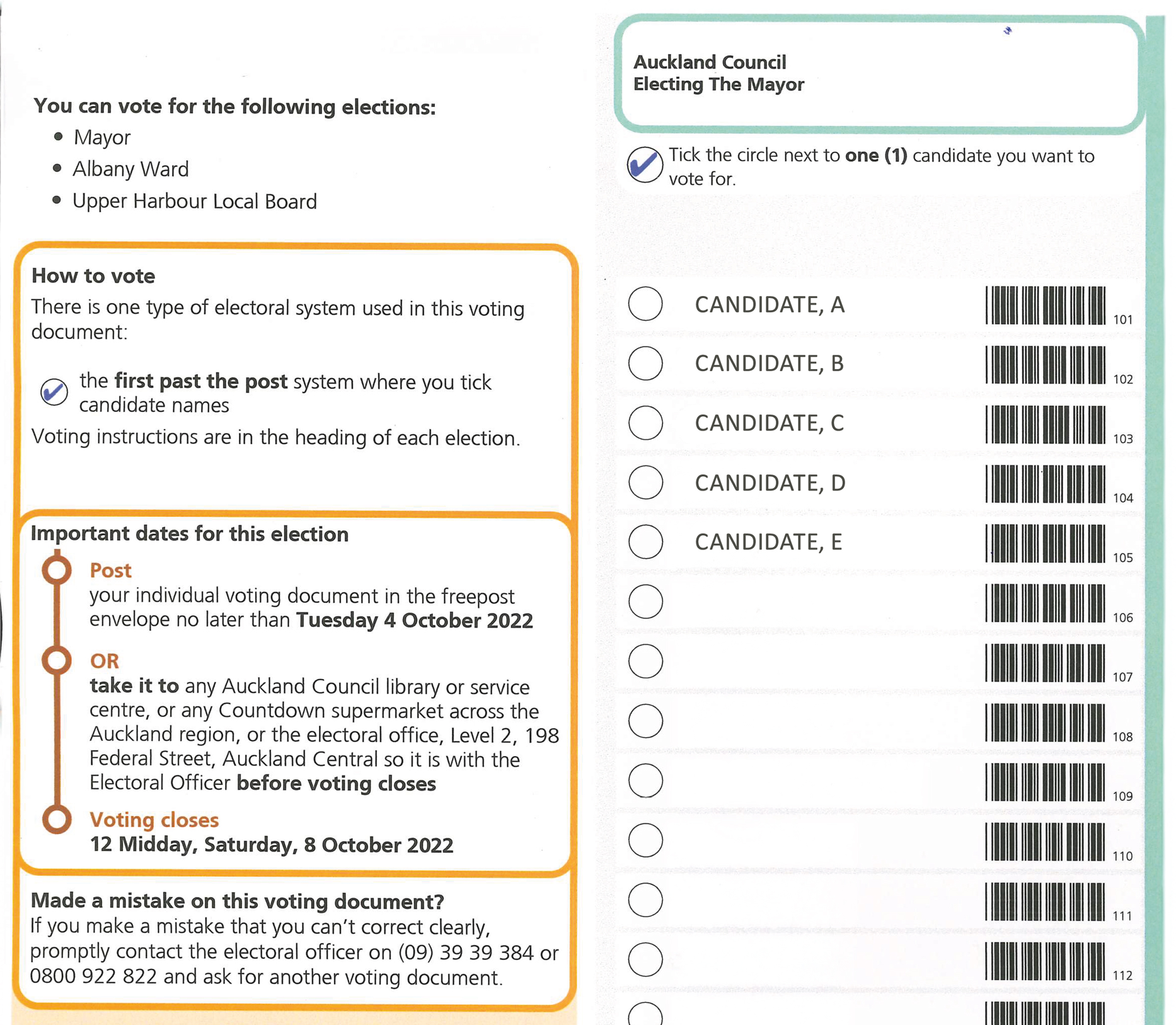 Official voting paper listing mayoral candidates, with circles on the left to tick and select a candidate.