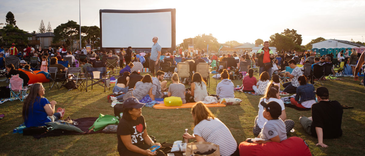 Crowd of people at a Movies in Parks event in Papatoetoe. 
