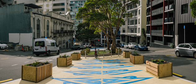 Māori designs in a community place making space with planter boxes and small grass area in the middle of the road.